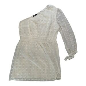 BTFBM One Shoulder Mini Dress Womens Large White Swiss Dot Long Sleeve Cocktail
